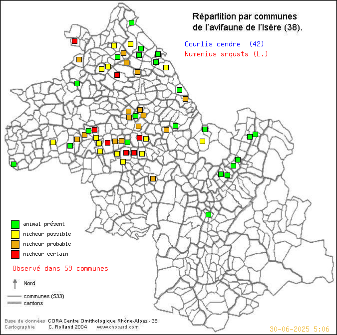 Carte de rpartition par communes en Isre d'une espce d'oiseau: Courlis cendr (Numenius arquata (L.)) selon Communes et cantons
