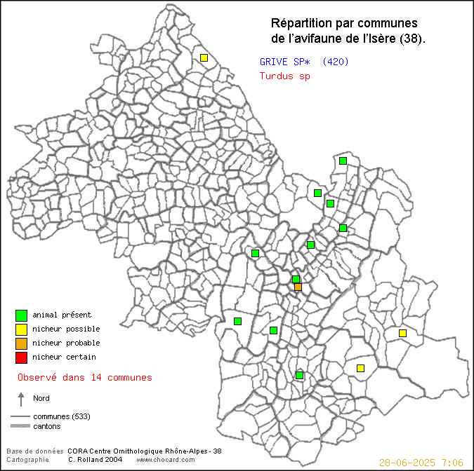 Carte de rpartition par communes en Isre d'une espce d'animal: GRIVE SP* (Turdus sp) selon Communes et cantons