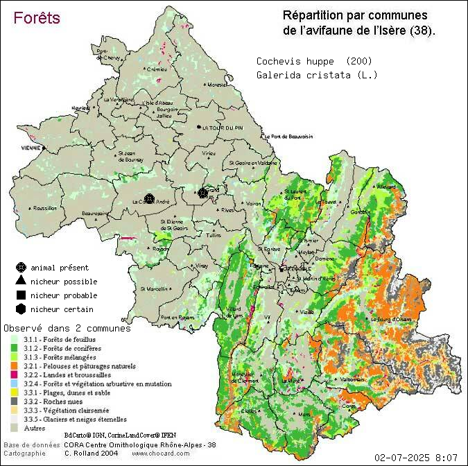 Cochevis hupp (Galerida cristata (L.)): carte de rpartition en Isre