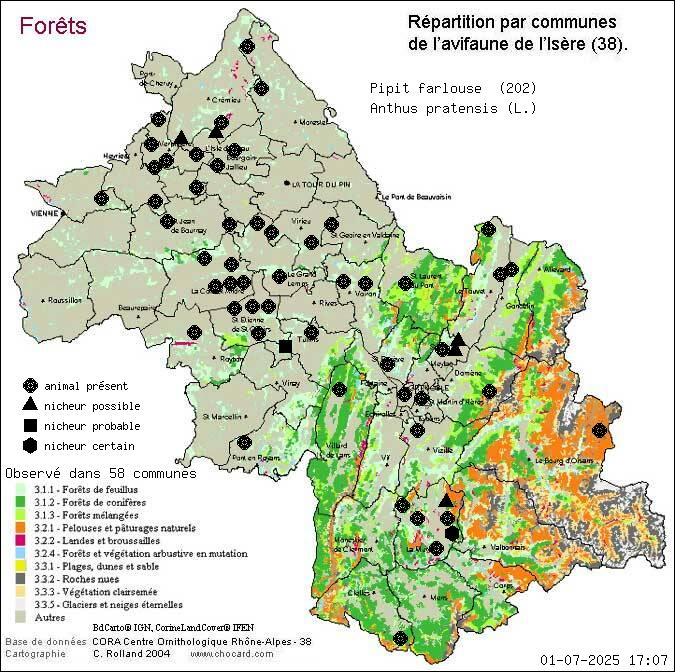 Pipit farlouse (Anthus pratensis (L.)): carte de rpartition en Isre