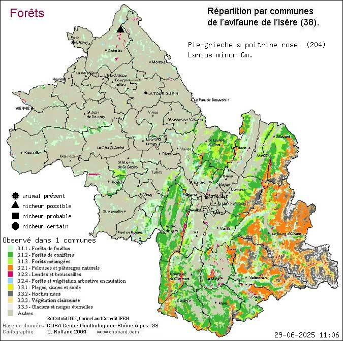 Carte de rpartition par communes en Isre d'une espce d'animal: Pie-griche  poitrine rose (Lanius minor Gm.) selon Forts