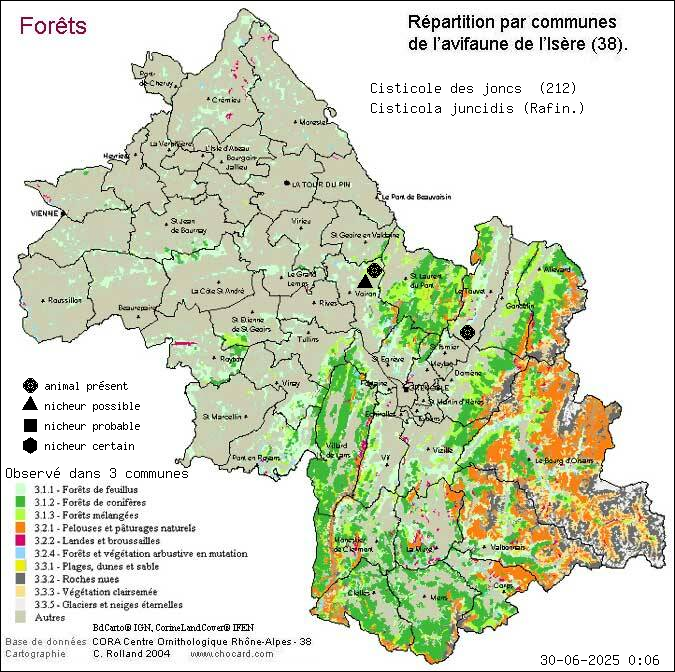 Cisticole des joncs (Cisticola juncidis (Rafin.)): carte de rpartition en Isre