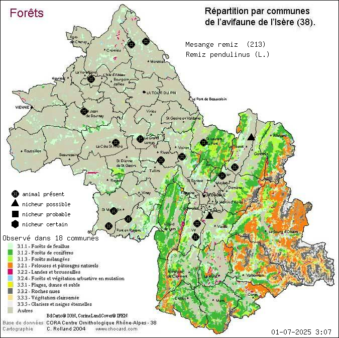 Msange rmiz (Remiz pendulinus (L.)): carte de rpartition en Isre