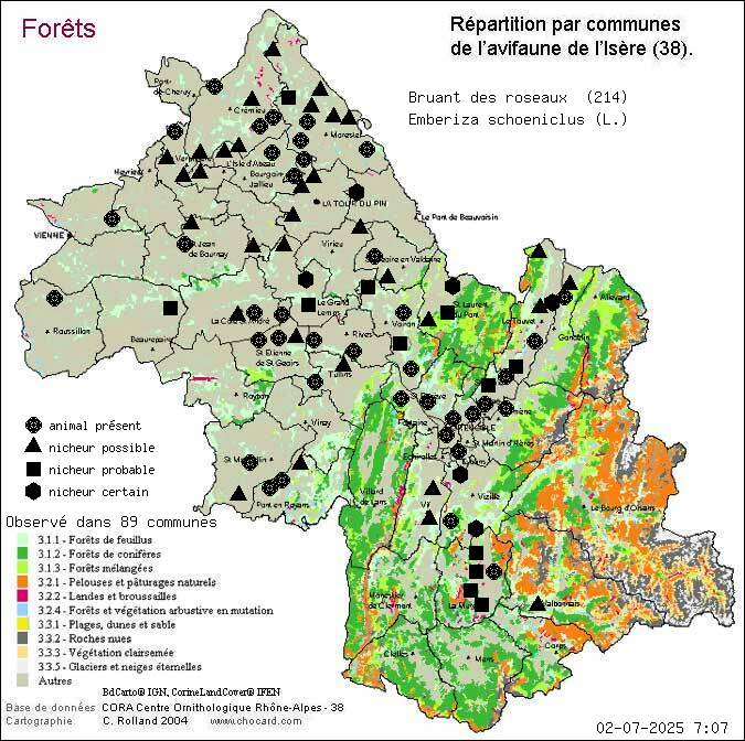 Carte de rpartition par communes en Isre d'une espce d'animal: Bruant des roseaux (Emberiza schoeniclus (L.)) selon Forts