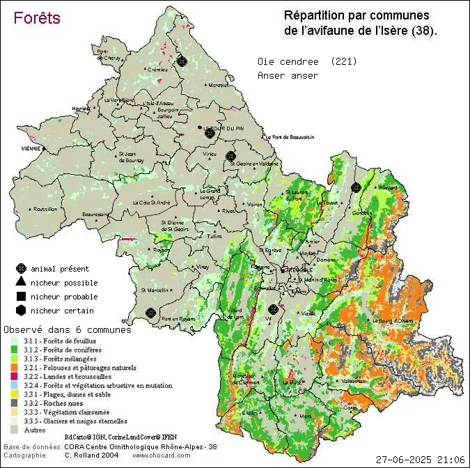 Carte de rpartition par communes en Isre d'une espce d'animal: Oie cendre (Anser anser) selon Forts