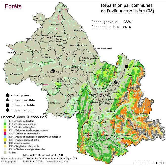 Grand gravelot (Charadrius hiaticula): carte de rpartition en Isre