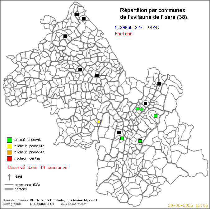 Carte de rpartition par communes en Isre d'une espce d'animal: MESANGE SP* (Paridae) selon Communes et cantons