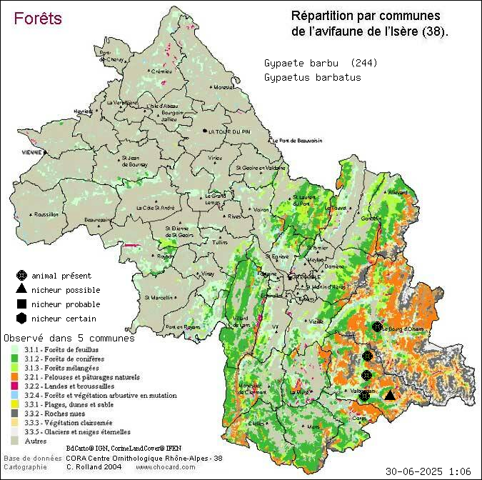 Carte de rpartition par communes en Isre d'une espce d'animal: Gypate barbu (Gypaetus barbatus) selon Forts