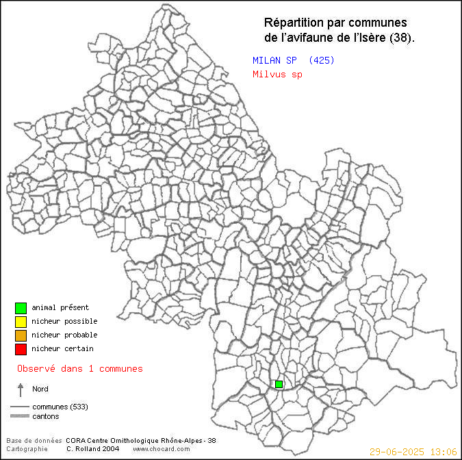 Carte de rpartition par communes en Isre d'une espce d'animal: MILAN SP (Milvus sp) selon Communes et cantons