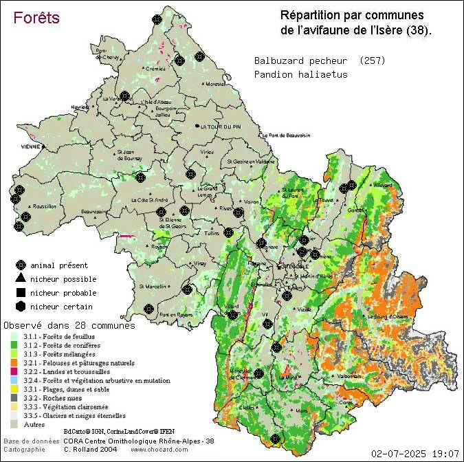 Carte de rpartition par communes en Isre d'une espce d'animal: Balbuzard pcheur (Pandion haliaetus) selon Forts