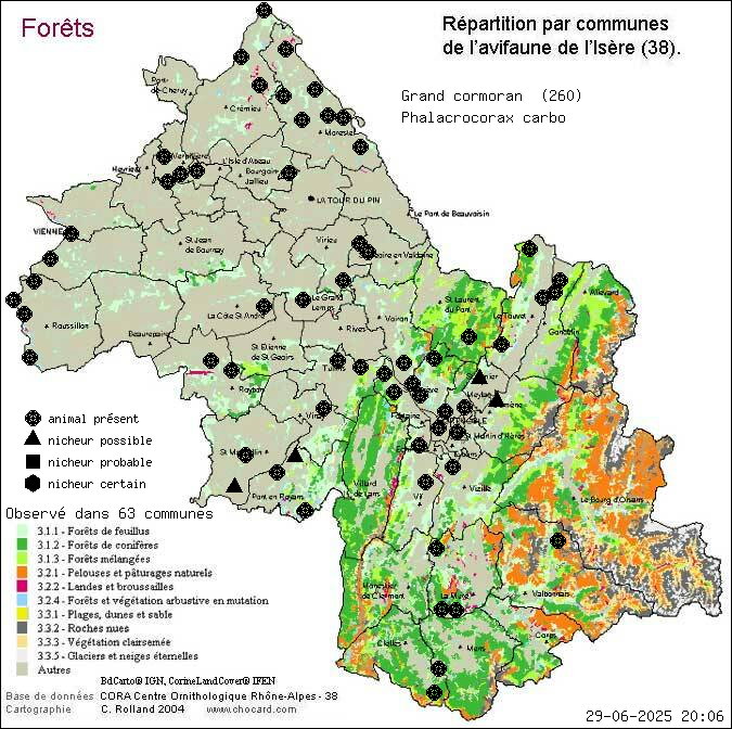 Carte de rpartition par communes en Isre d'une espce d'animal: Grand cormoran (Phalacrocorax carbo) selon Forts