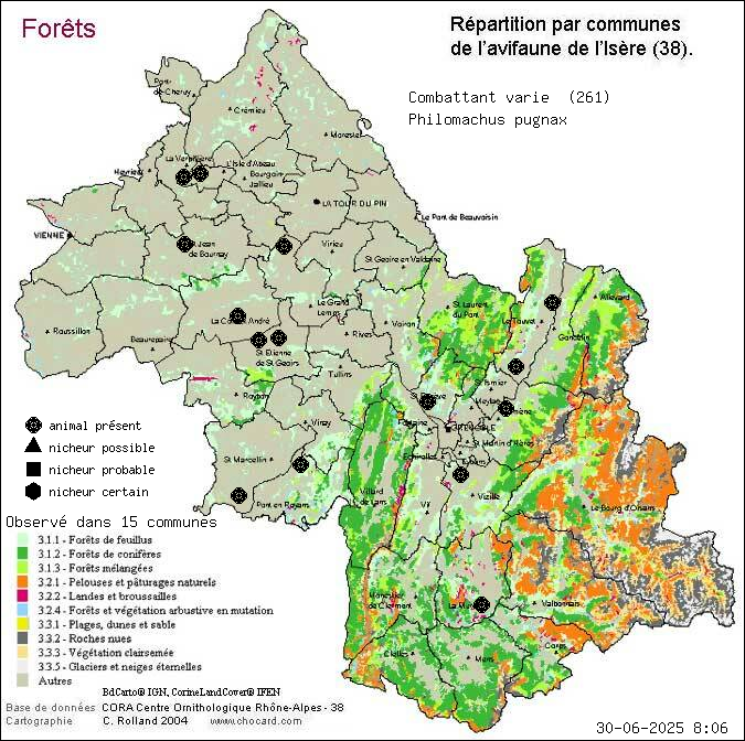 Combattant vari (Philomachus pugnax): carte de rpartition en Isre