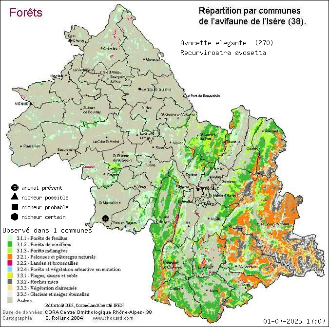 Carte de rpartition par communes en Isre d'une espce d'animal: Avocette lgante (Recurvirostra avosetta) selon Forts