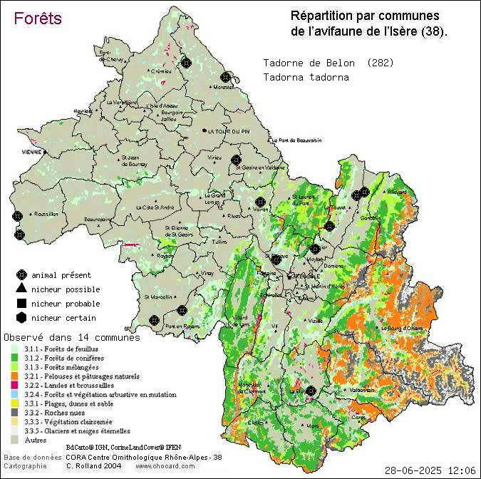 Tadorne de Belon (Tadorna tadorna): carte de rpartition en Isre