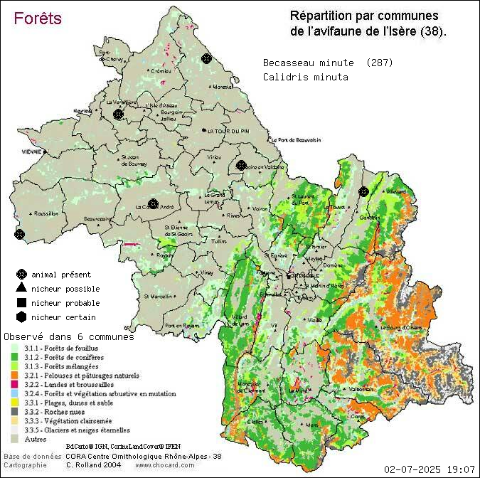 Carte de rpartition par communes en Isre d'une espce d'animal: Bcasseau minute (Calidris minuta) selon Forts