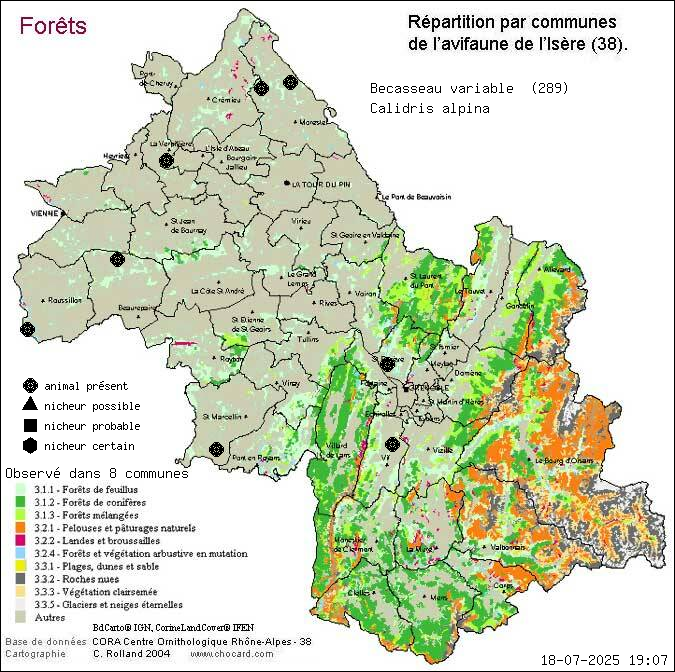 Carte de rpartition par communes en Isre d'une espce d'animal: Bcasseau variable (Calidris alpina) selon Forts