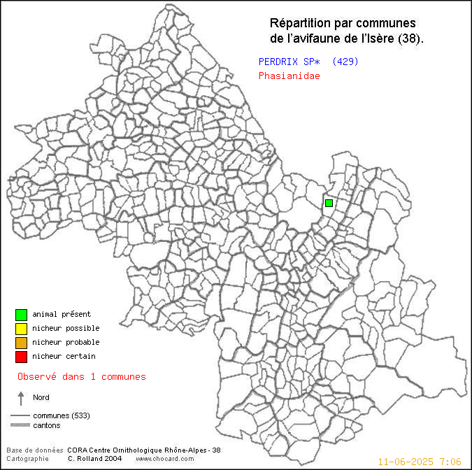 Carte de rpartition par communes en Isre d'une espce d'animal: PERDRIX SP* (Phasianidae) selon Communes et cantons