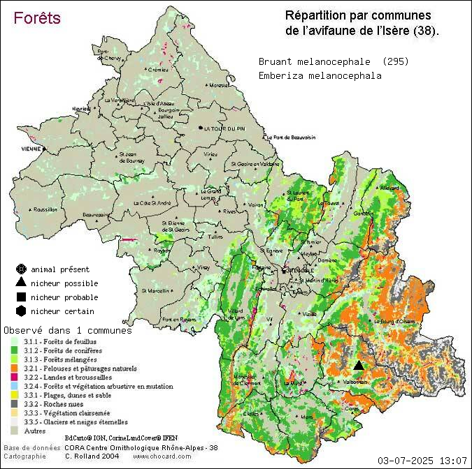 Carte de rpartition par communes en Isre d'une espce d'animal: Bruant mlanocphale (Emberiza melanocephala) selon Forts