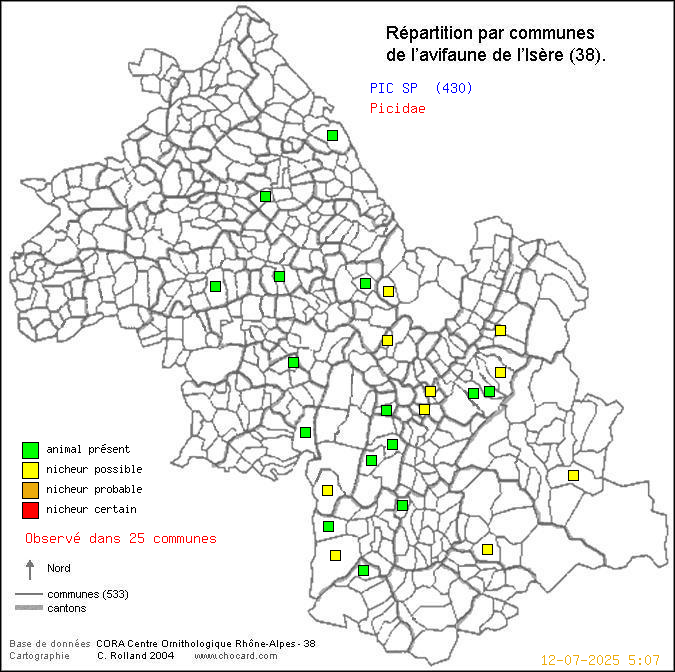 Carte de rpartition par communes en Isre d'une espce d'animal: PIC SP (Picidae) selon Communes et cantons