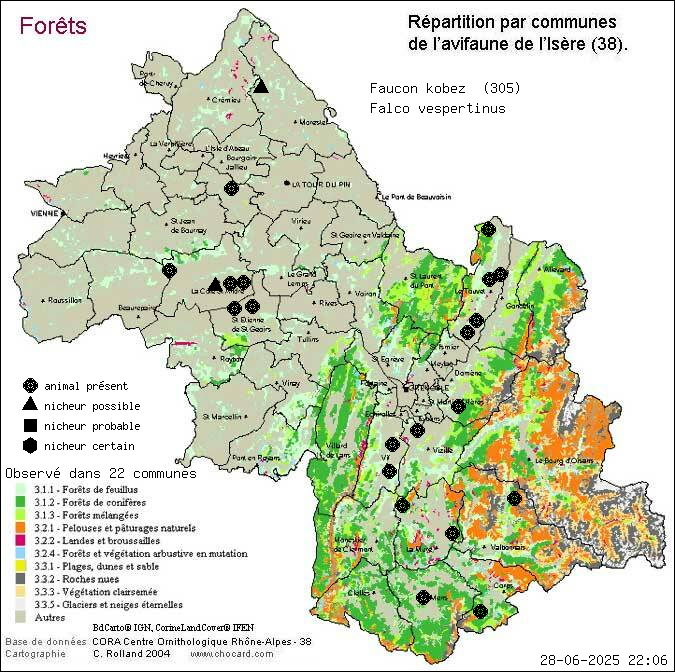 Faucon kobez (Falco vespertinus): carte de rpartition en Isre