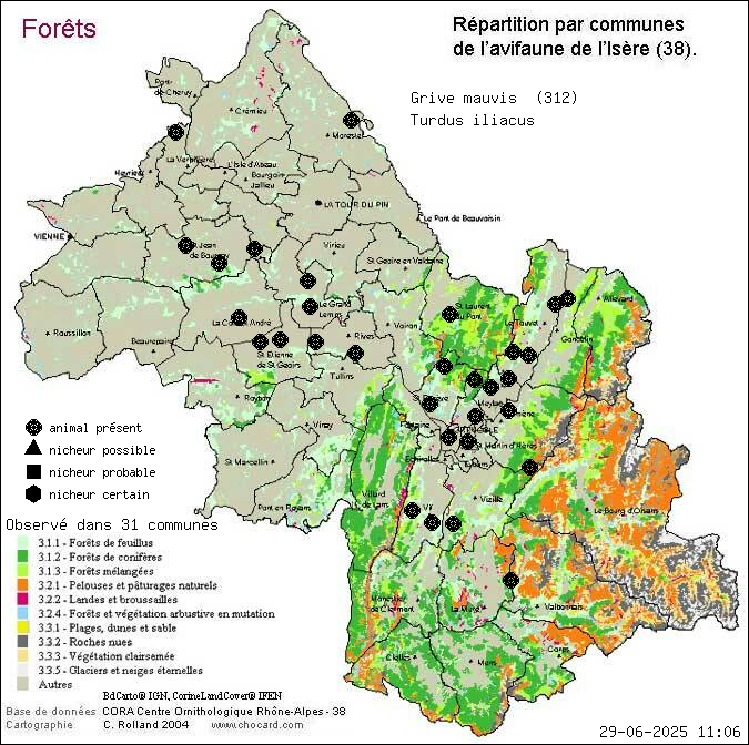 Carte de rpartition par communes en Isre d'une espce d'animal: Grive mauvis (Turdus iliacus) selon Forts