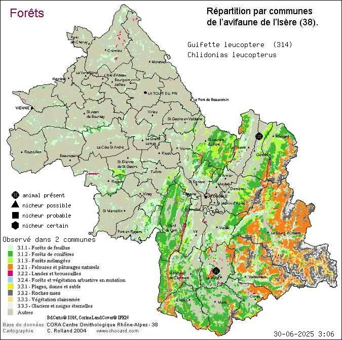 Carte de rpartition par communes en Isre d'une espce d'animal: Guifette leucoptre (Chlidonias leucopterus) selon Forts