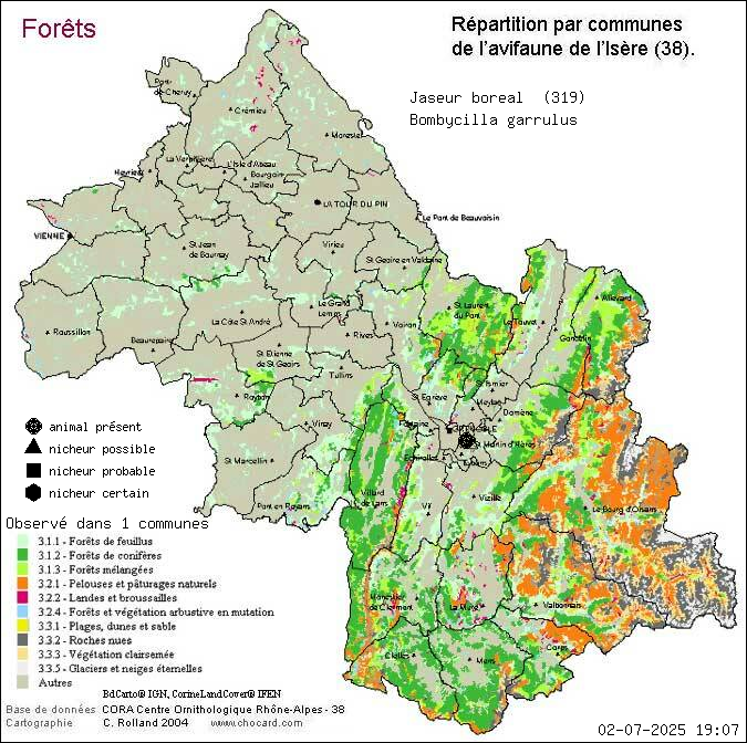 Carte de rpartition par communes en Isre d'une espce d'animal: Jaseur boral (Bombycilla garrulus) selon Forts