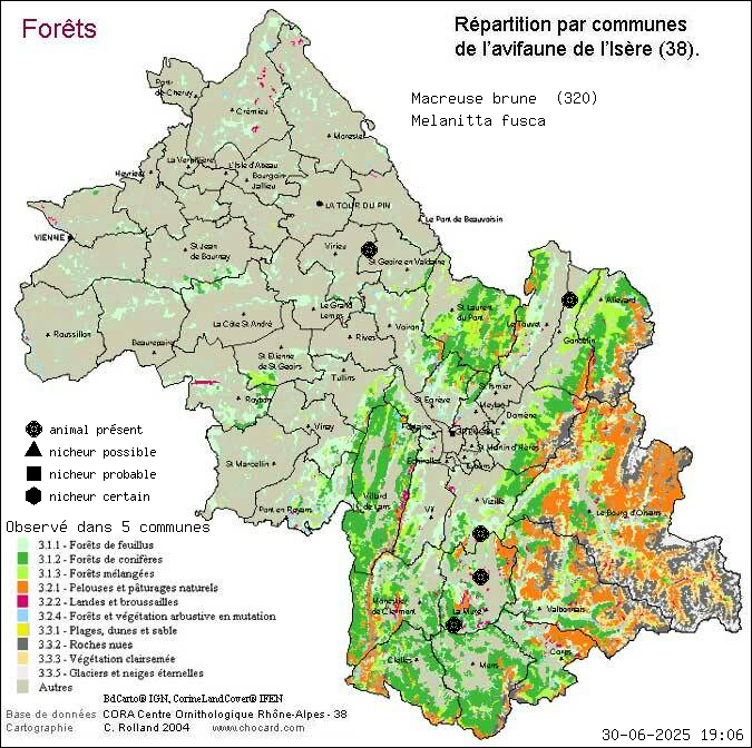 Carte de rpartition par communes en Isre d'une espce d'animal: Macreuse brune (Melanitta fusca) selon Forts