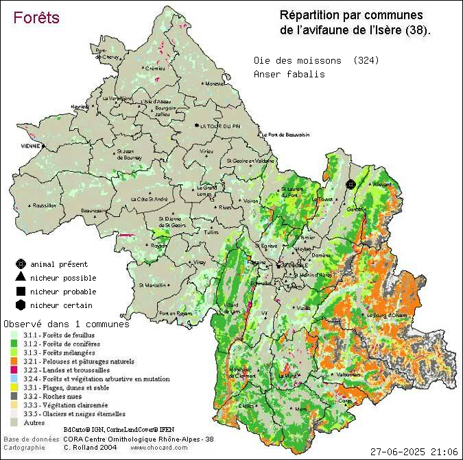 Oie des moissons (Anser fabalis): carte de rpartition en Isre