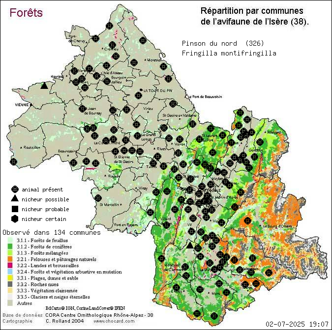 Pinson du nord (Fringilla montifringilla): carte de rpartition en Isre