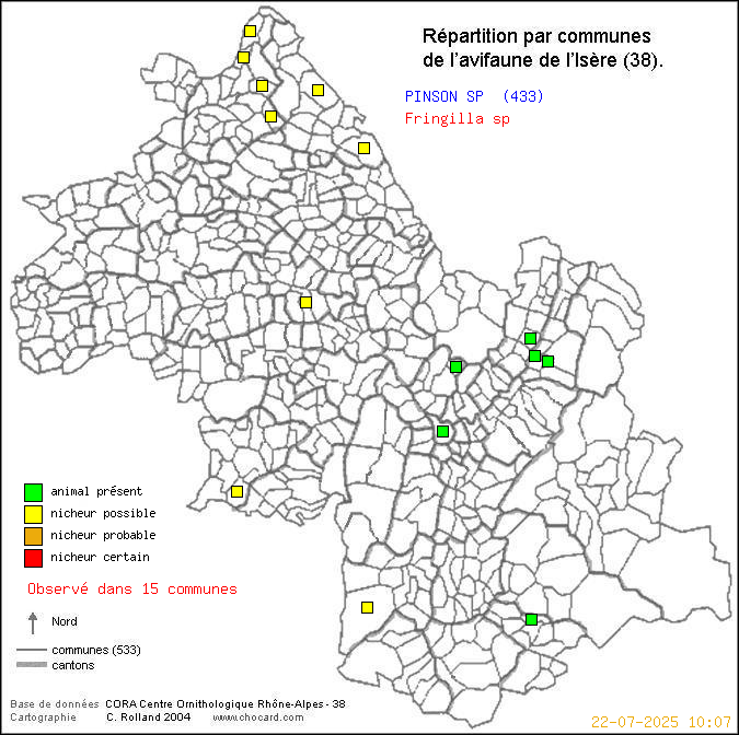 Carte de rpartition par communes en Isre d'une espce d'animal: PINSON SP (Fringilla sp) selon Communes et cantons