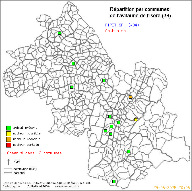 Carte de rpartition par communes en Isre d'une espce d'animal: PIPIT SP (Anthus sp) selon Communes et cantons