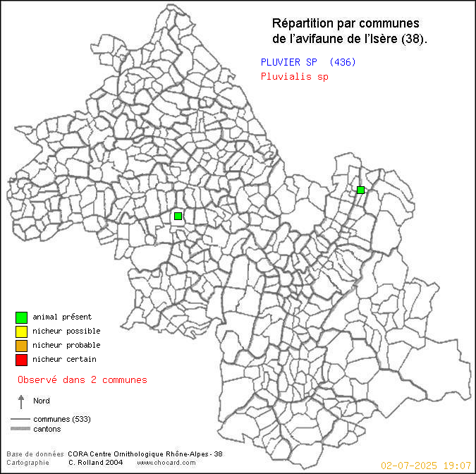 Carte de rpartition par communes en Isre d'une espce d'animal: PLUVIER SP (Pluvialis sp) selon Communes et cantons