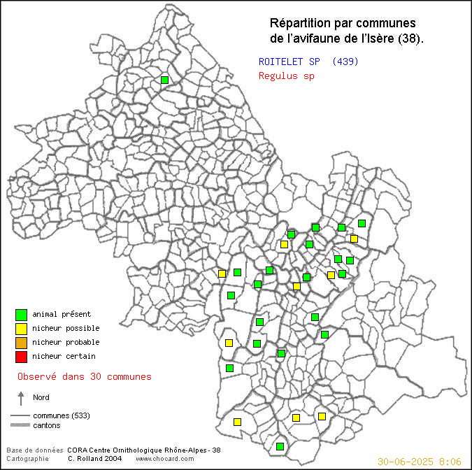 Carte de rpartition par communes en Isre d'une espce d'animal: ROITELET SP (Regulus sp) selon Communes et cantons