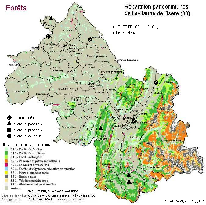 Carte de rpartition par communes en Isre d'une espce d'animal: ALOUETTE SP* (Alaudidae) selon Forts