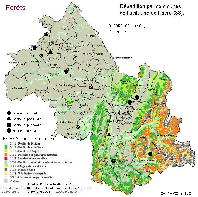 Carte de rpartition par communes en Isre d'une espce d'animal: BUSARD SP (Circus sp) selon Forts