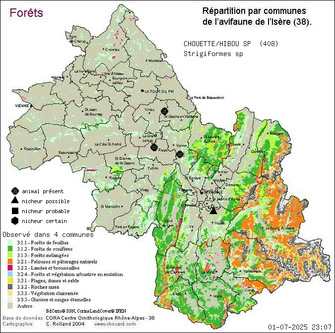 Carte de rpartition par communes en Isre d'une espce d'animal: CHOUETTE/HIBOU SP (Strigiformes sp) selon Forts
