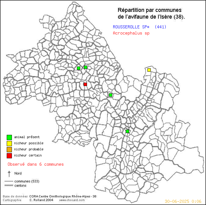 Carte de rpartition par communes en Isre d'une espce d'animal: ROUSSEROLLE SP* (Acrocephalus sp) selon Communes et cantons