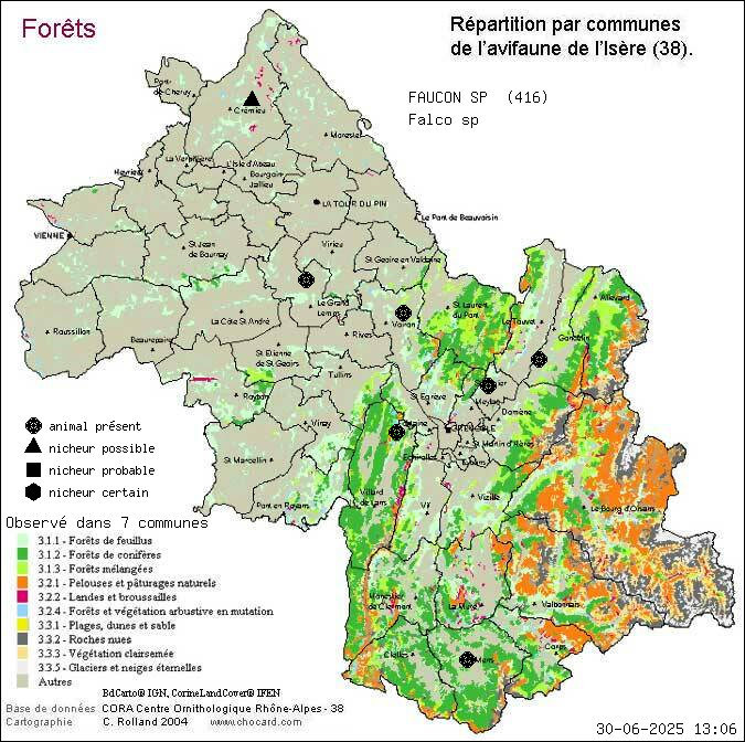 Carte de rpartition par communes en Isre d'une espce d'animal: FAUCON SP (Falco sp) selon Forts