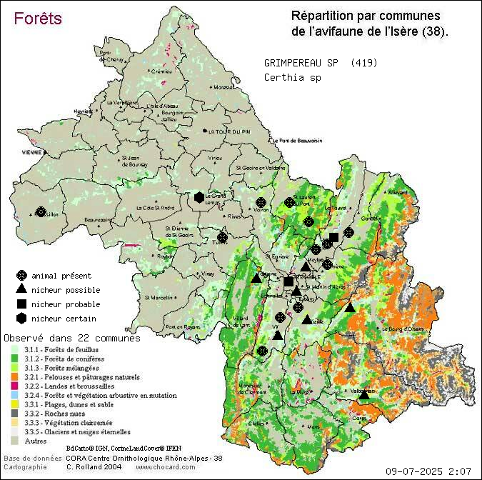 Carte de rpartition par communes en Isre d'une espce d'animal: GRIMPEREAU SP (Certhia sp) selon Forts