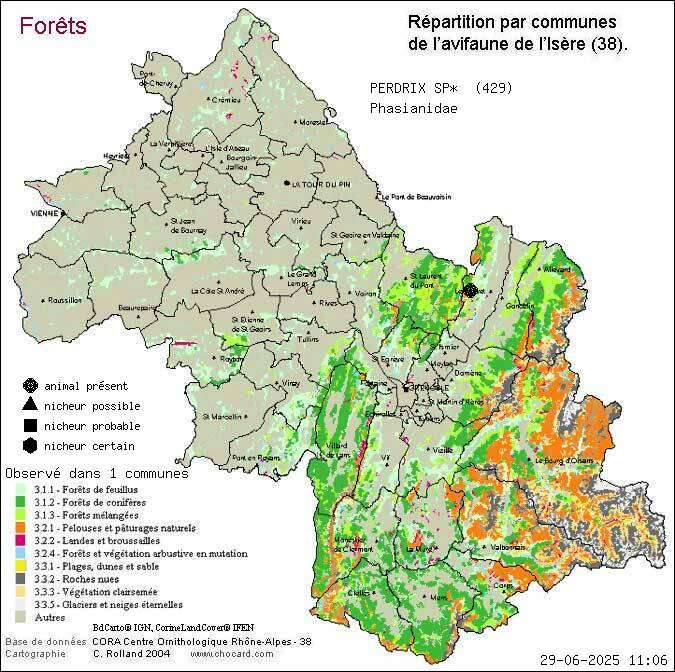 Carte de rpartition par communes en Isre d'une espce d'animal: PERDRIX SP* (Phasianidae) selon Forts