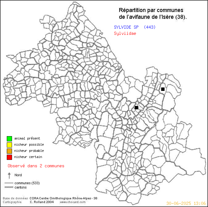Carte de rpartition par communes en Isre d'une espce d'animal: SYLVIDE SP (Sylviidae) selon Communes et cantons