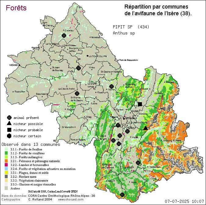 Carte de rpartition par communes en Isre d'une espce d'animal: PIPIT SP (Anthus sp) selon Forts