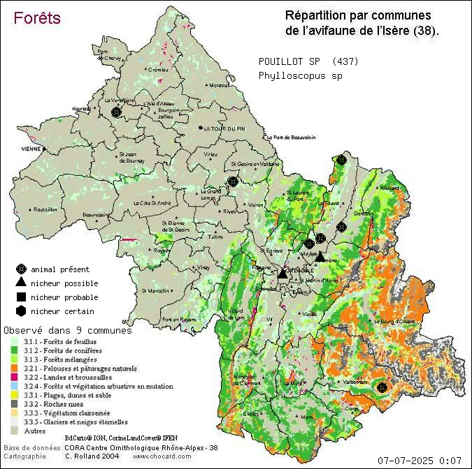 Carte de rpartition par communes en Isre d'une espce d'animal: POUILLOT SP (Phylloscopus sp) selon Forts