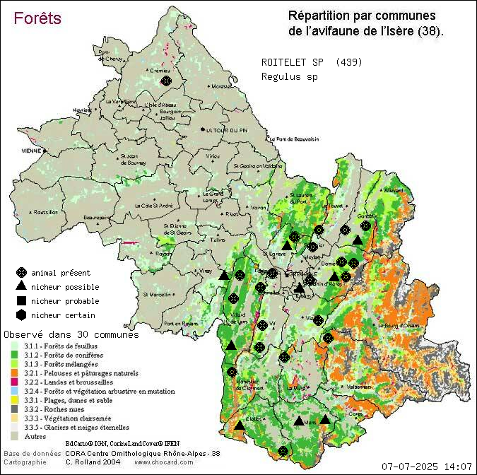 Carte de rpartition par communes en Isre d'une espce d'animal: ROITELET SP (Regulus sp) selon Forts