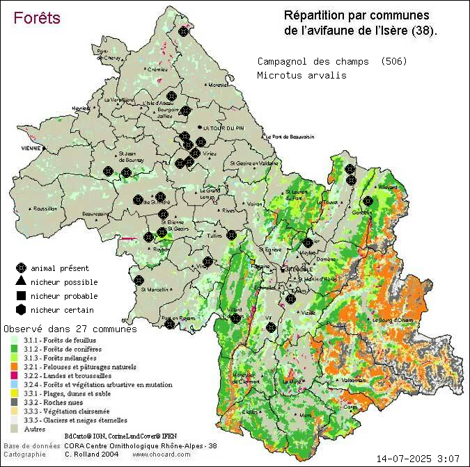 Carte de rpartition par communes en Isre d'une espce d'animal: Campagnol des champs (Microtus arvalis) selon Forts