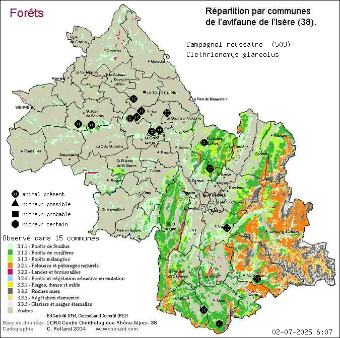 Carte de rpartition par communes en Isre d'une espce d'animal: Campagnol rousstre (Clethrionomys glareolus) selon Forts