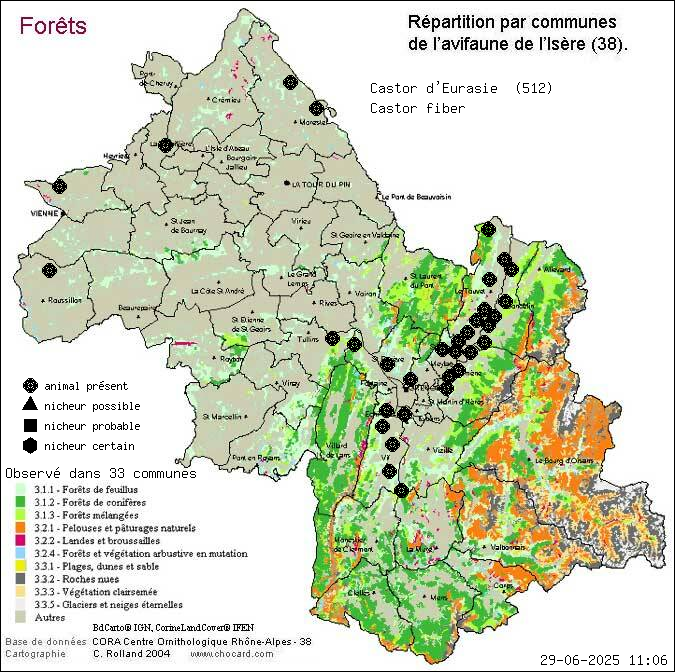 Carte de rpartition par communes en Isre d'une espce d'animal: Castor d Eurasie (Castor fiber) selon Forts