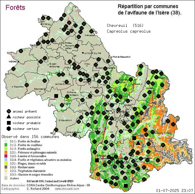 Carte de rpartition par communes en Isre d'une espce d'animal: Chevreuil (Capreolus capreolus) selon Forts