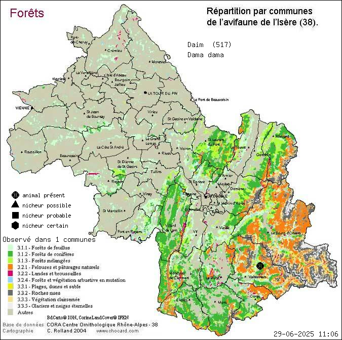 Carte de rpartition par communes en Isre d'une espce d'animal: Daim (Dama dama) selon Forts